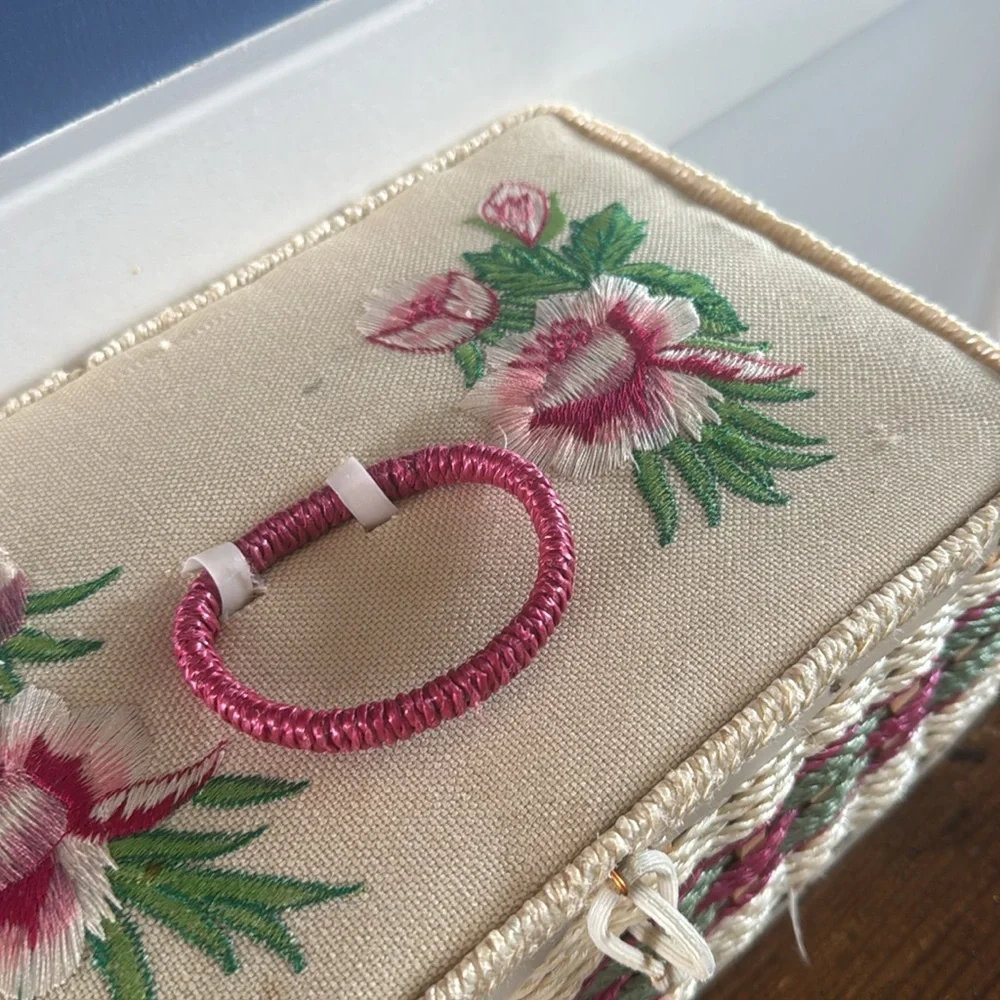 Vintage Wicker Sewing Box pink floral embroidered Lid with Built-in Pin Cushion